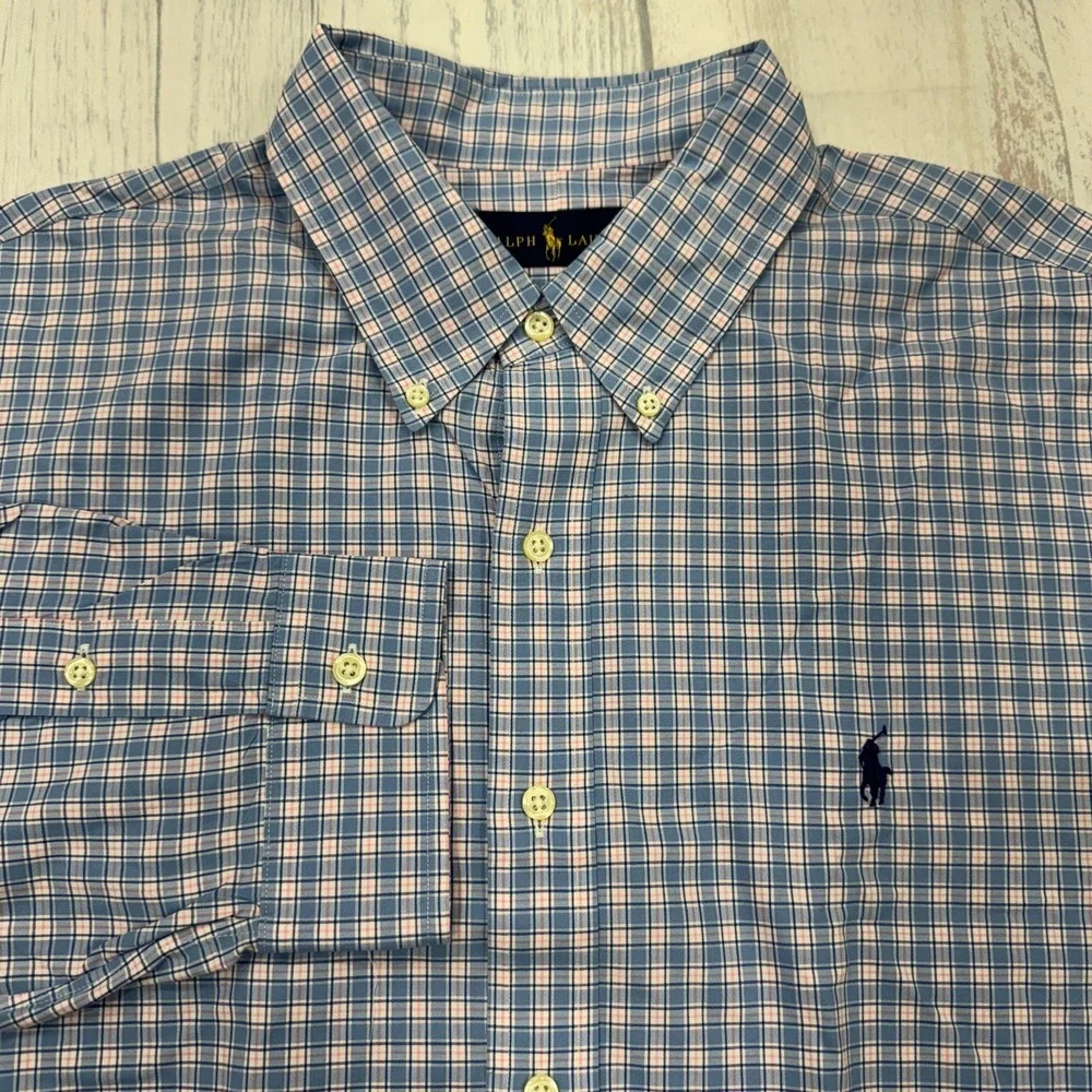 POLO‎ Ralph Lauren Button Down Shirt XL Blue Plaid Pony Cotton Mens